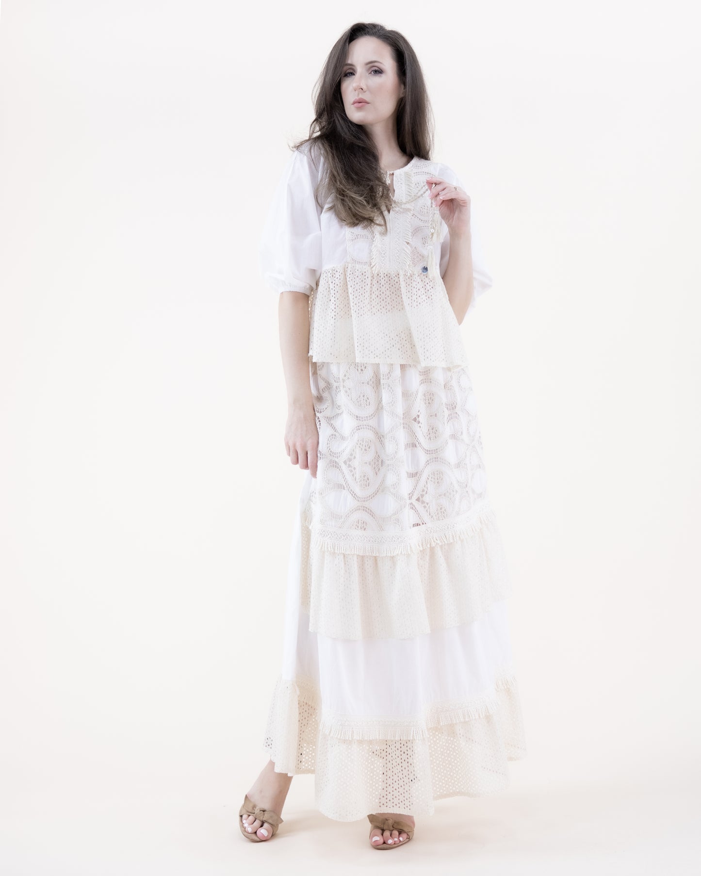 Breezy Cotton Lace Long Lantern Sleeve Tassel Tie Embellished Top