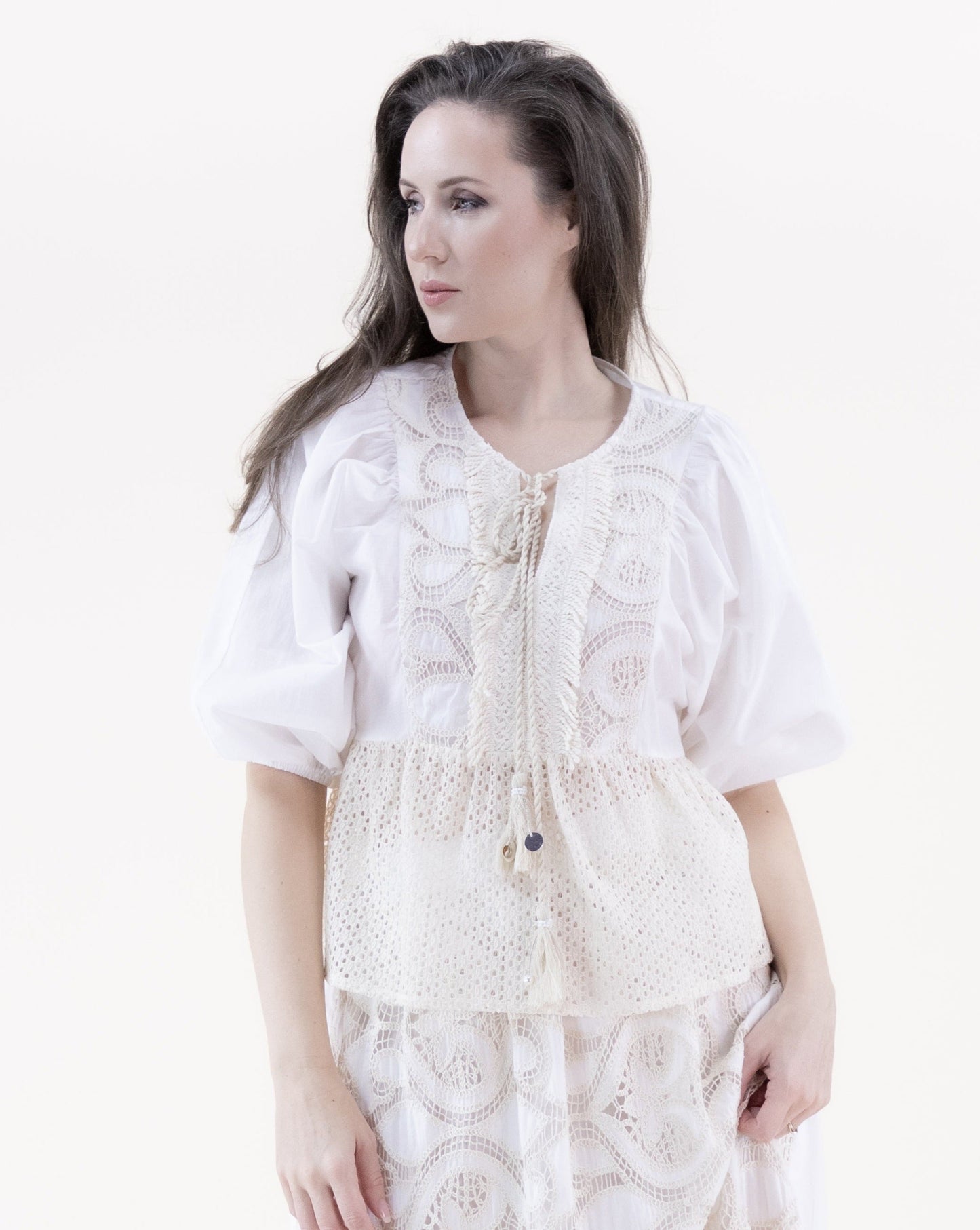 Breezy Cotton Lace Long Lantern Sleeve Tassel Tie Embellished Top