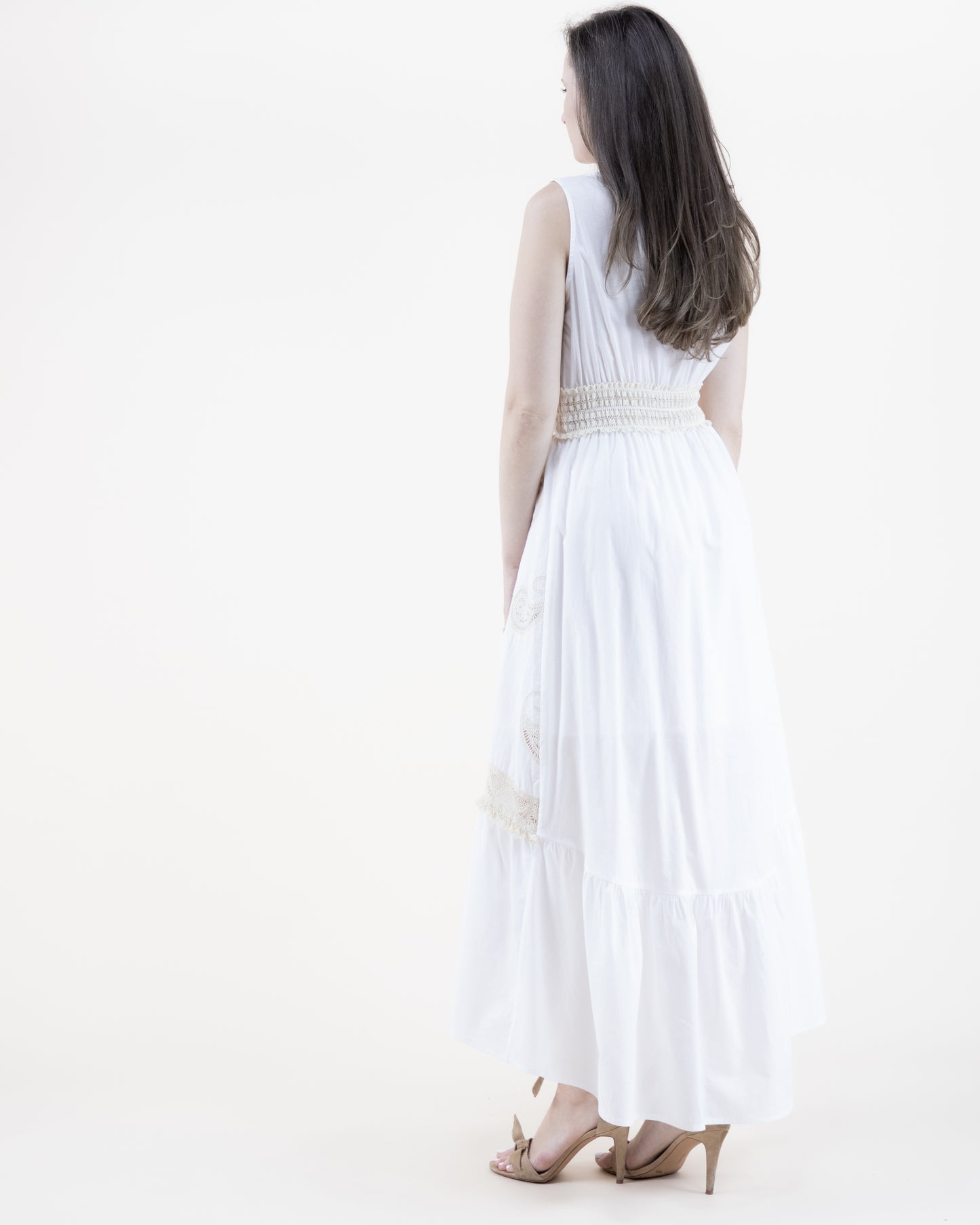Paisley Cotton Surplice Shirred Waist Tassel Midi Dress