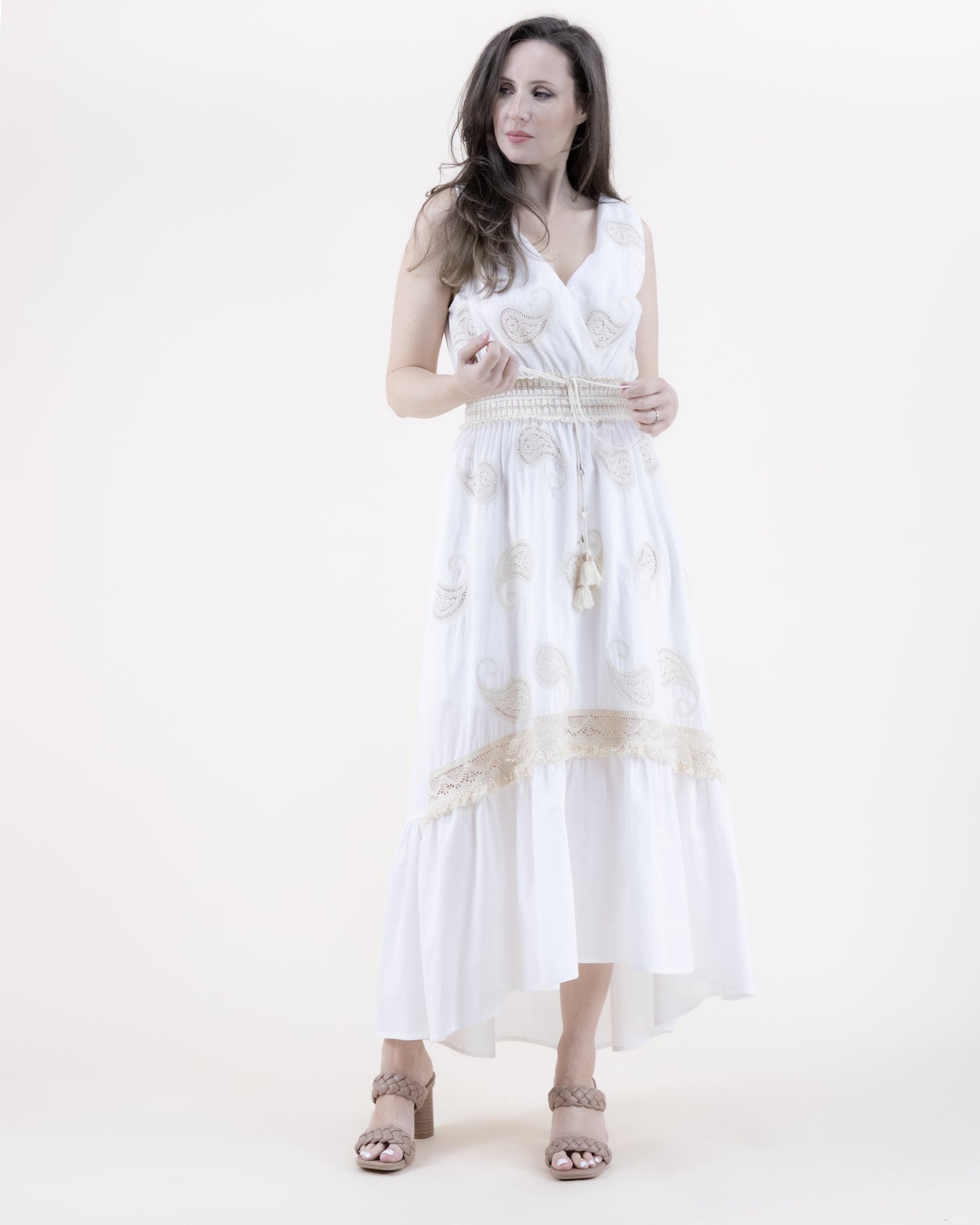 Paisley Cotton Surplice Shirred Waist Tassel Midi Dress