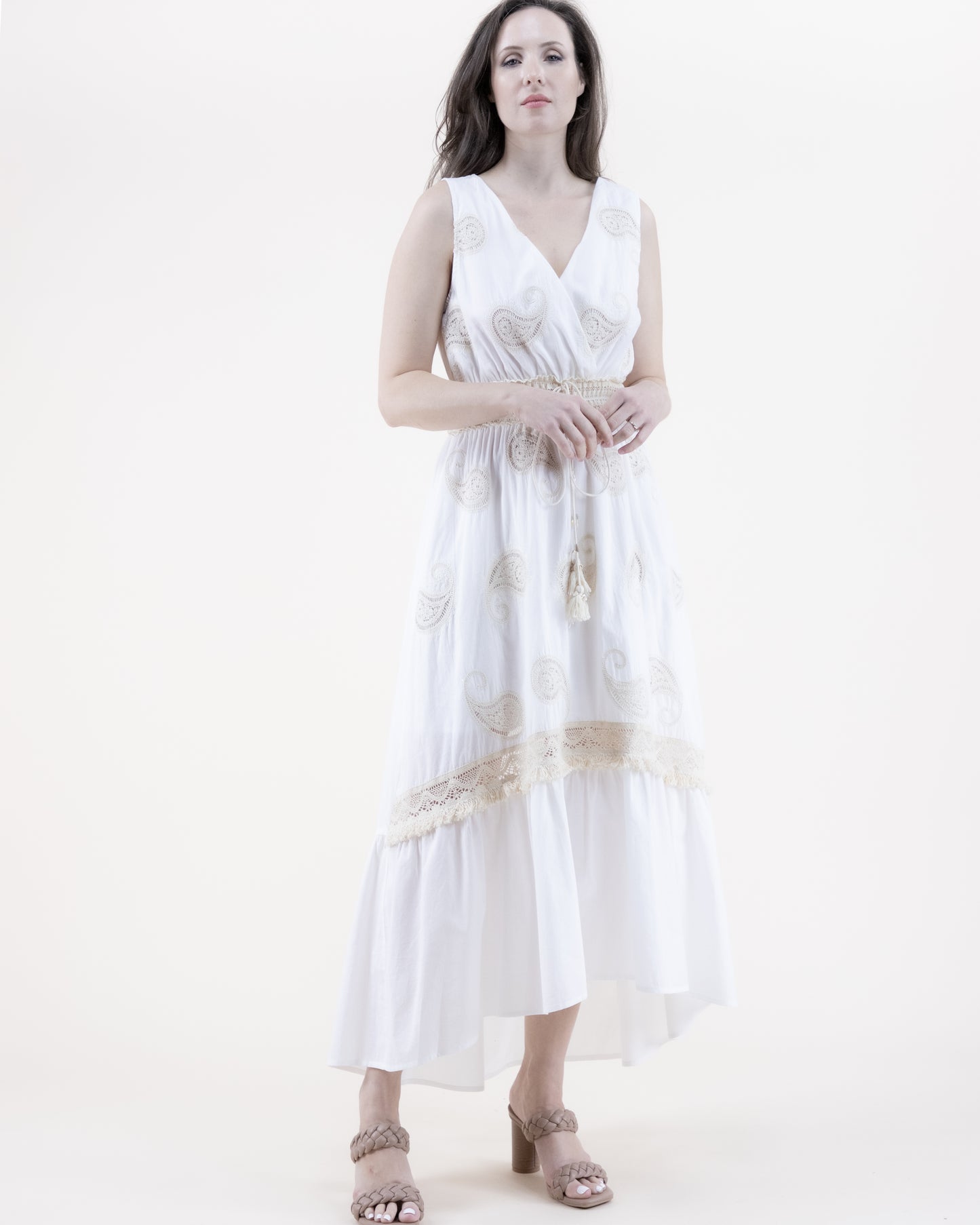 Paisley Cotton Surplice Shirred Waist Tassel Midi Dress