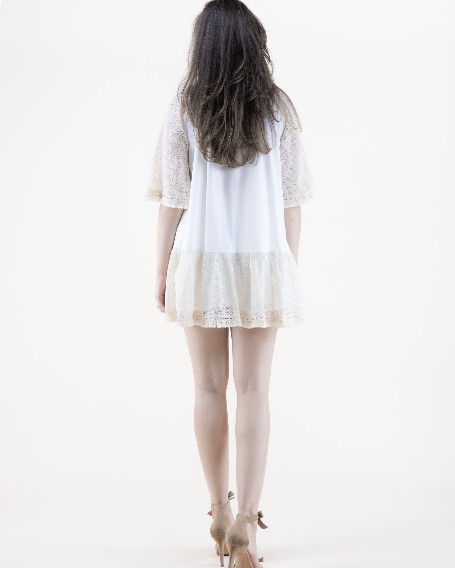 Paisley Cotton & Lace Ruffle Bottom Bat Wing Off Shoulder Tent Dress