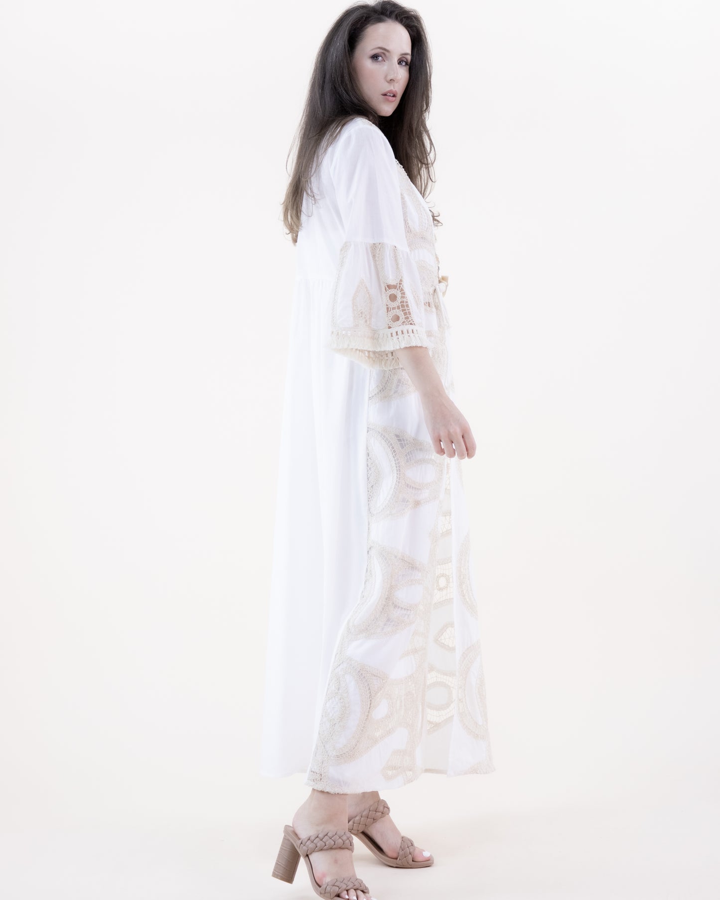 Lace Cotton Long Sleeve Front Tie Sheer Maxi Robe