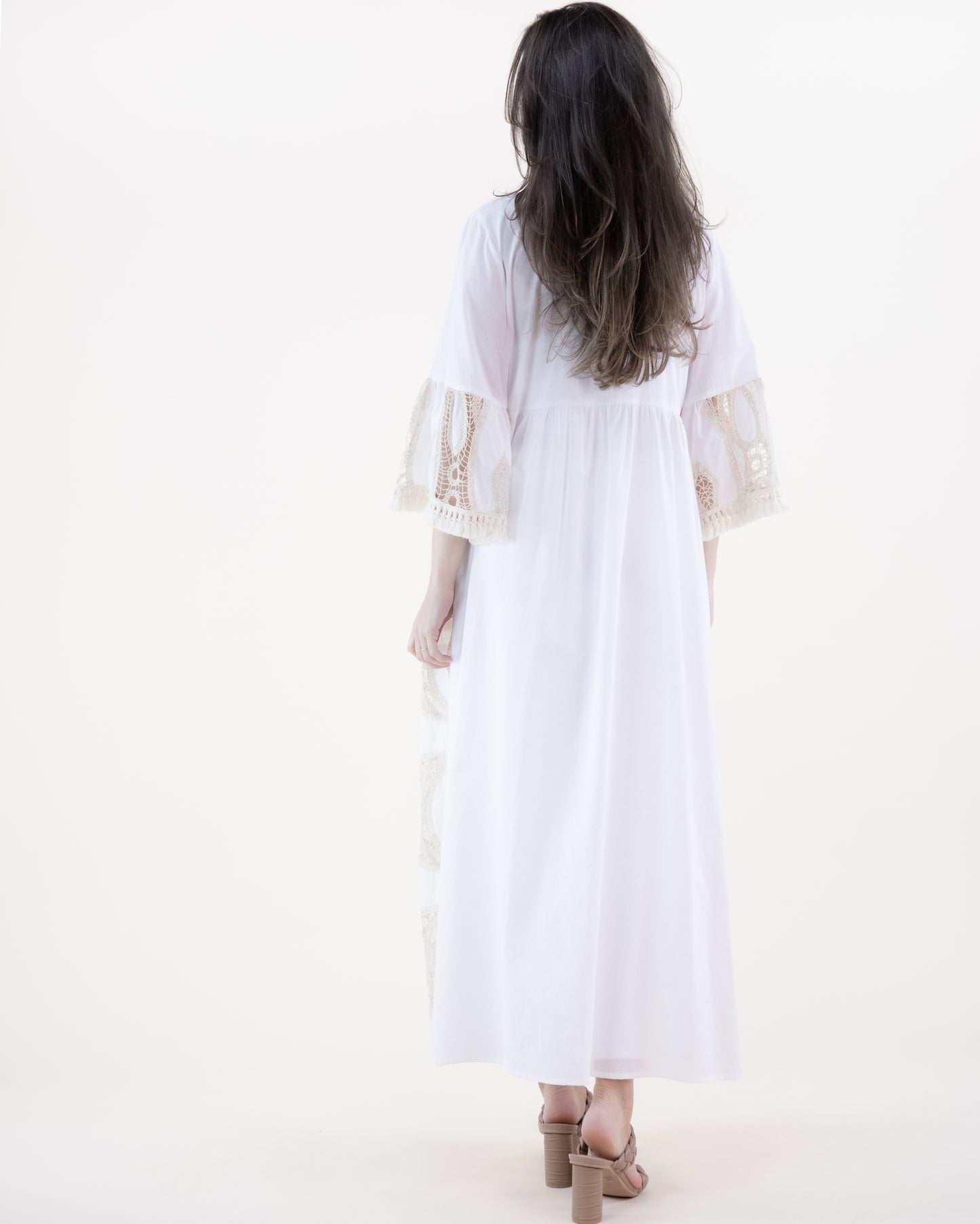 Lace Cotton Long Sleeve Front Tie Sheer Maxi Robe