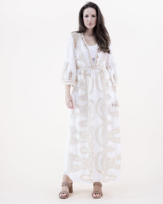 Lace Cotton Long Sleeve Front Tie Sheer Maxi Robe