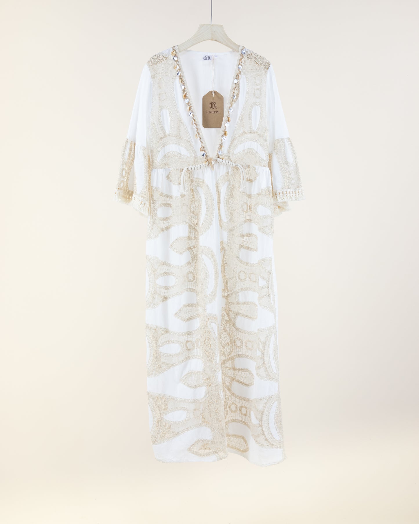 Lace Cotton Long Sleeve Front Tie Sheer Maxi Robe