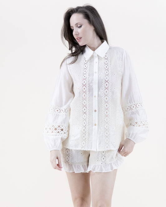 Cotton Blend Lace Patchwork Long Sleeve Collared Shirt