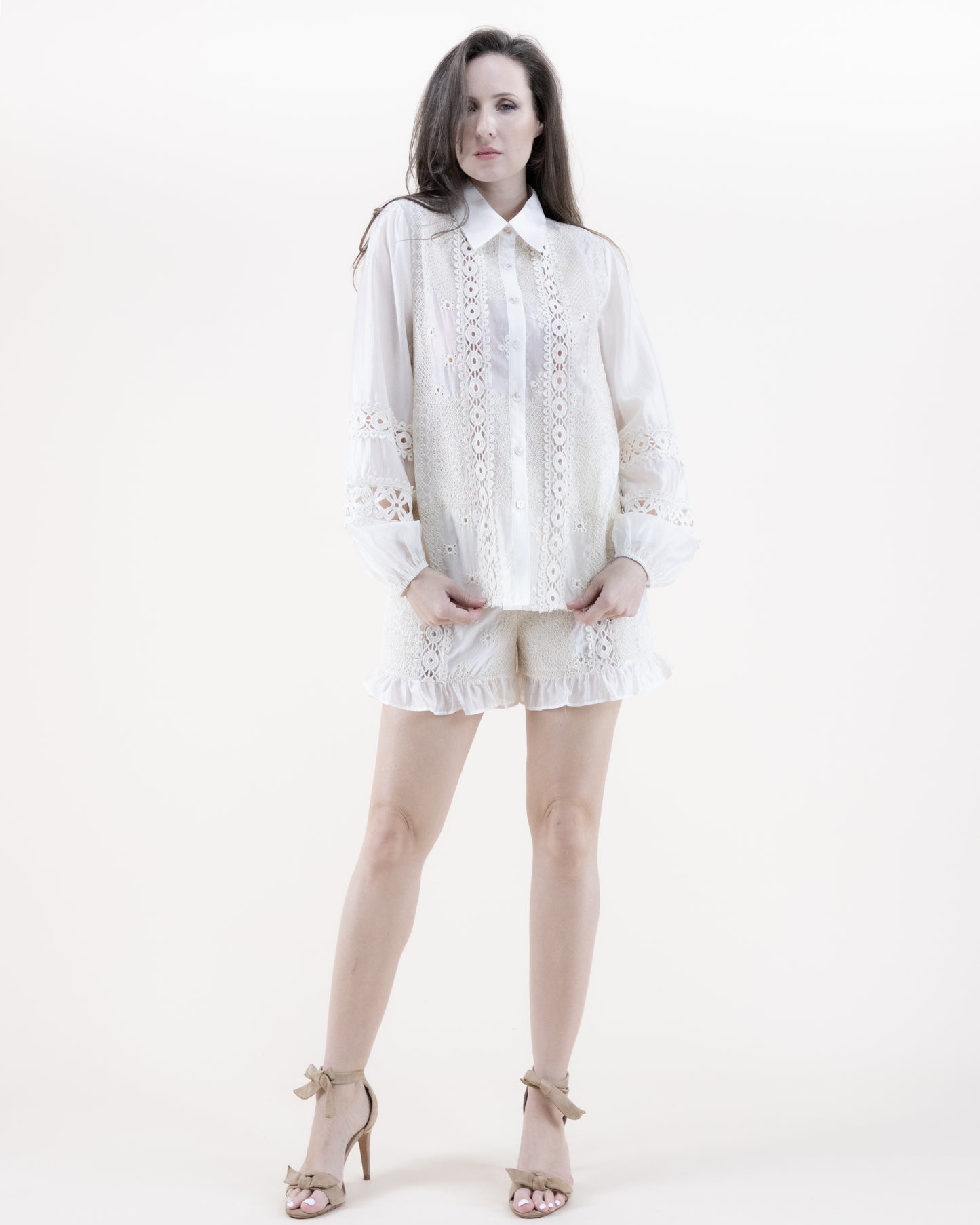 Cotton Blend Lace Patchwork Long Sleeve Collared Shirt