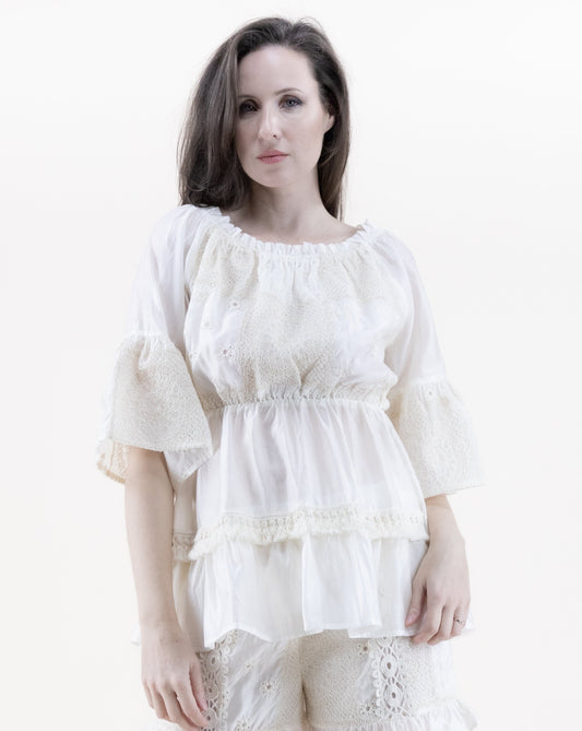 Cotton Blend Lace Patchwork Trumpet Sleeve Off Shoulder Tent Dress