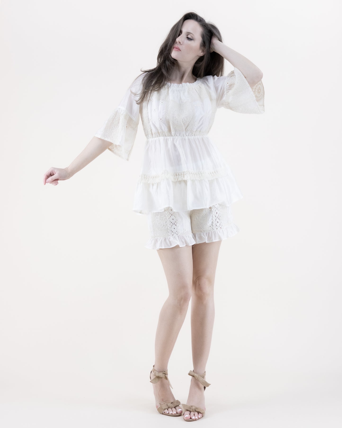 Cotton Blend Lace Patchwork Trumpet Sleeve Off Shoulder Tent Dress