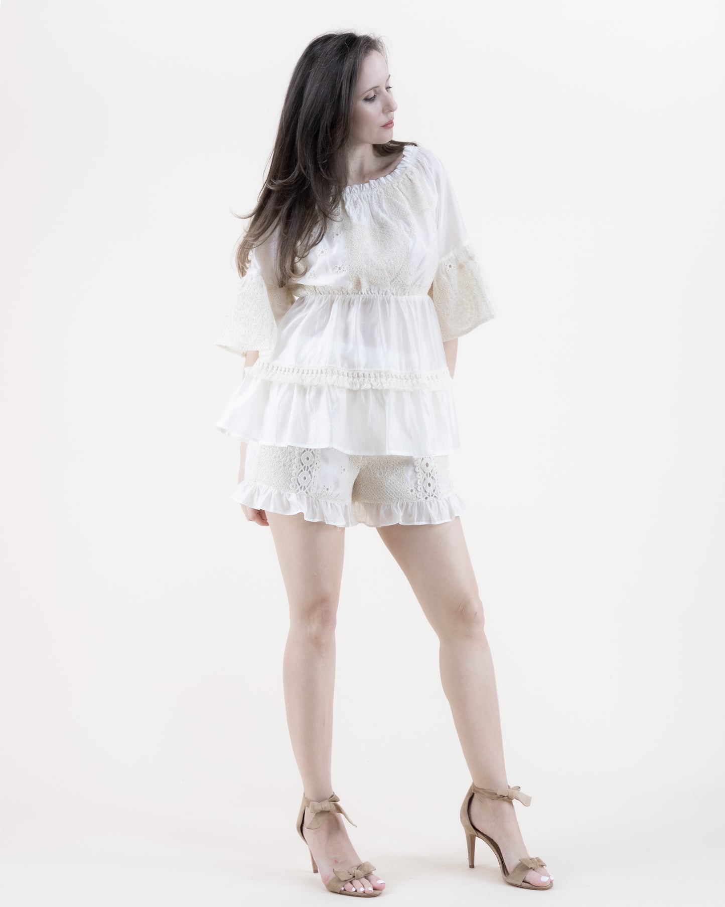 Cotton Blend Lace Patchwork Trumpet Sleeve Off Shoulder Tent Dress
