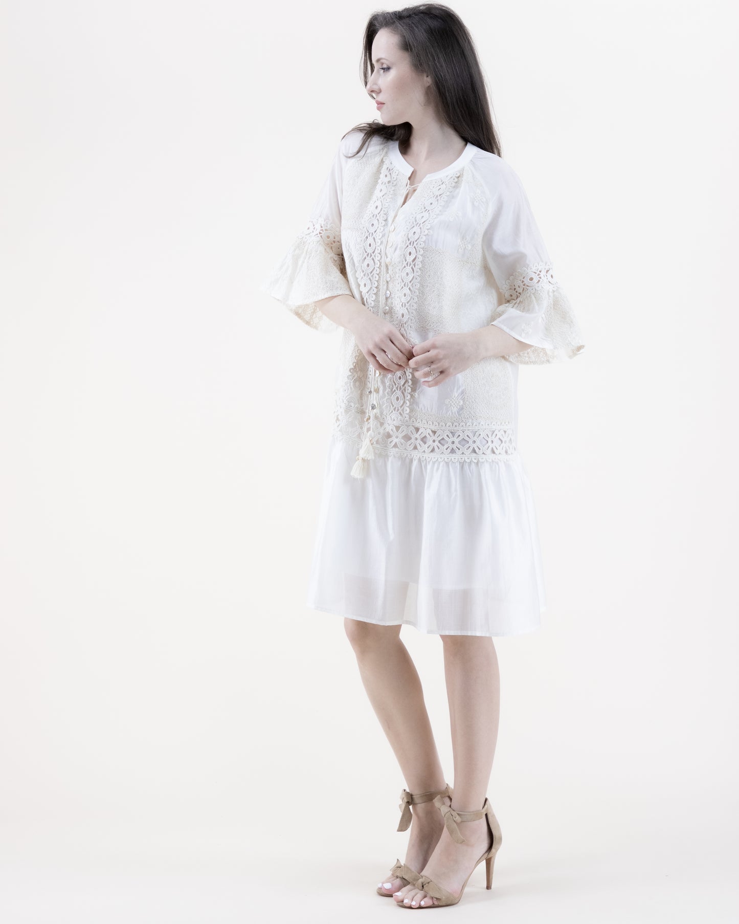 Cotton Blend Lace Lines Trumpet Sleeve Tent Dress