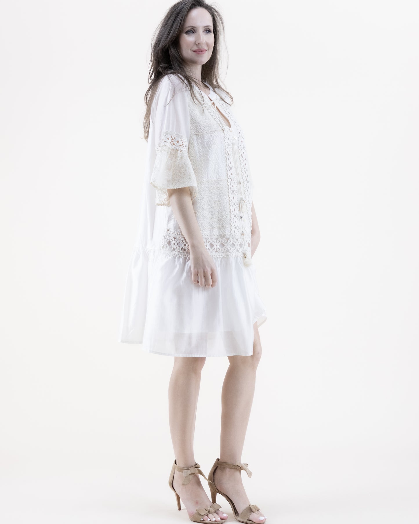 Cotton Blend Lace Lines Trumpet Sleeve Tent Dress