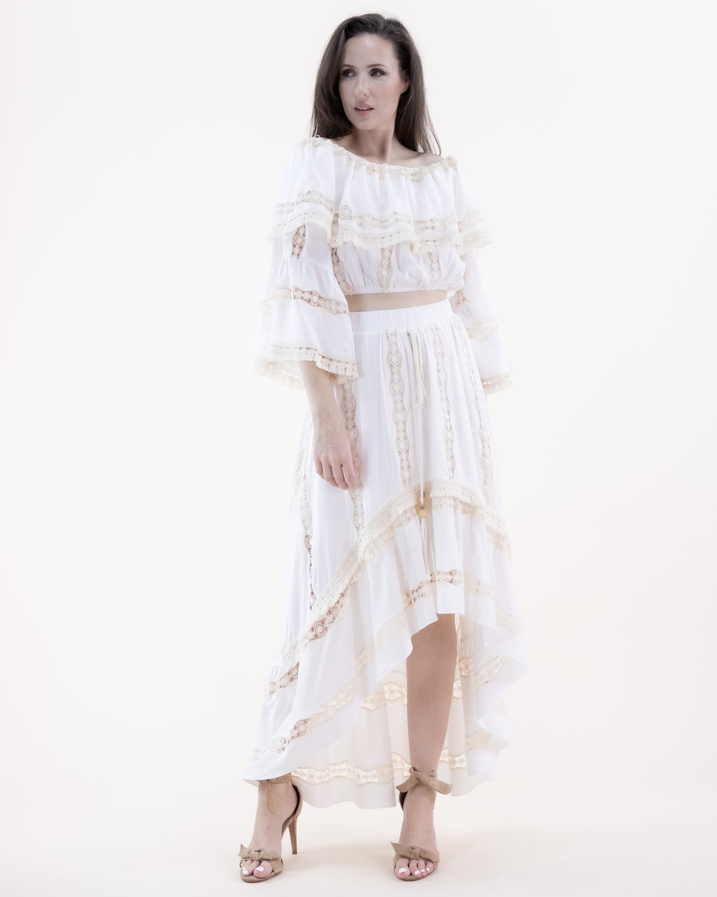 Lace Lines Off Shoulder Trumpet Sleeve Crop Top