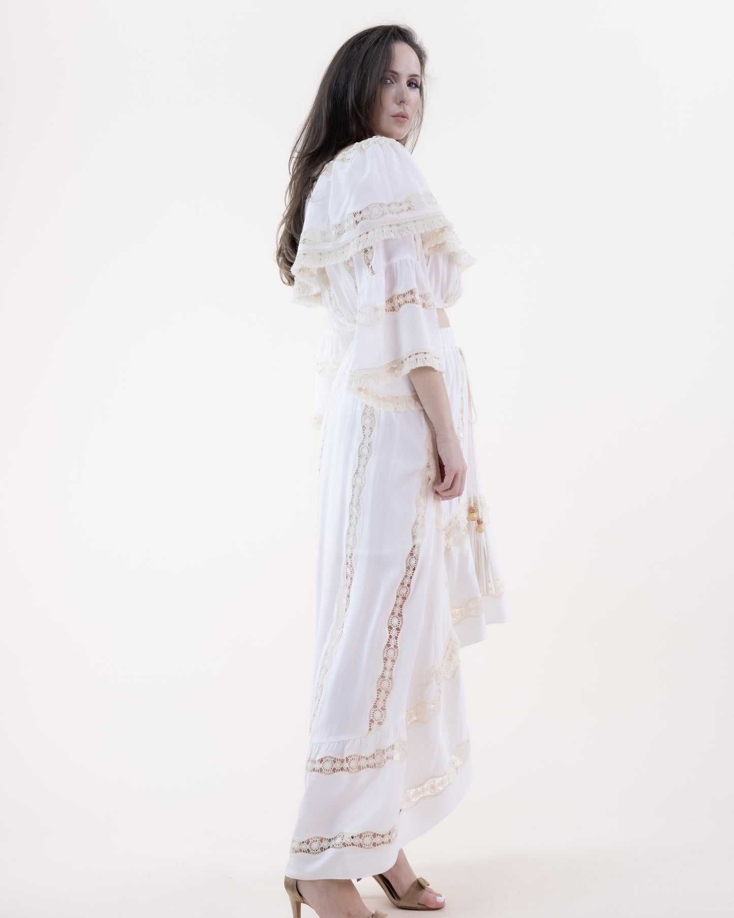 Lace Lines Off Shoulder Trumpet Sleeve Crop Top