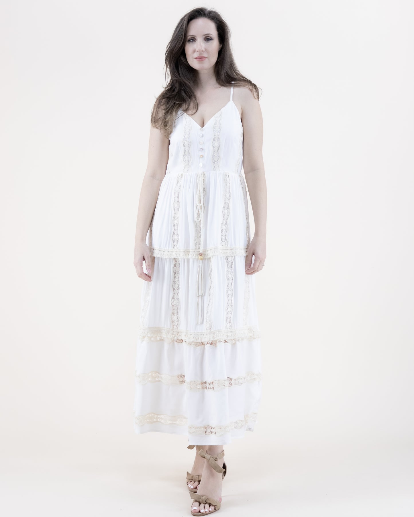 Lace Lines V-Neck Tiered Maxi Dress