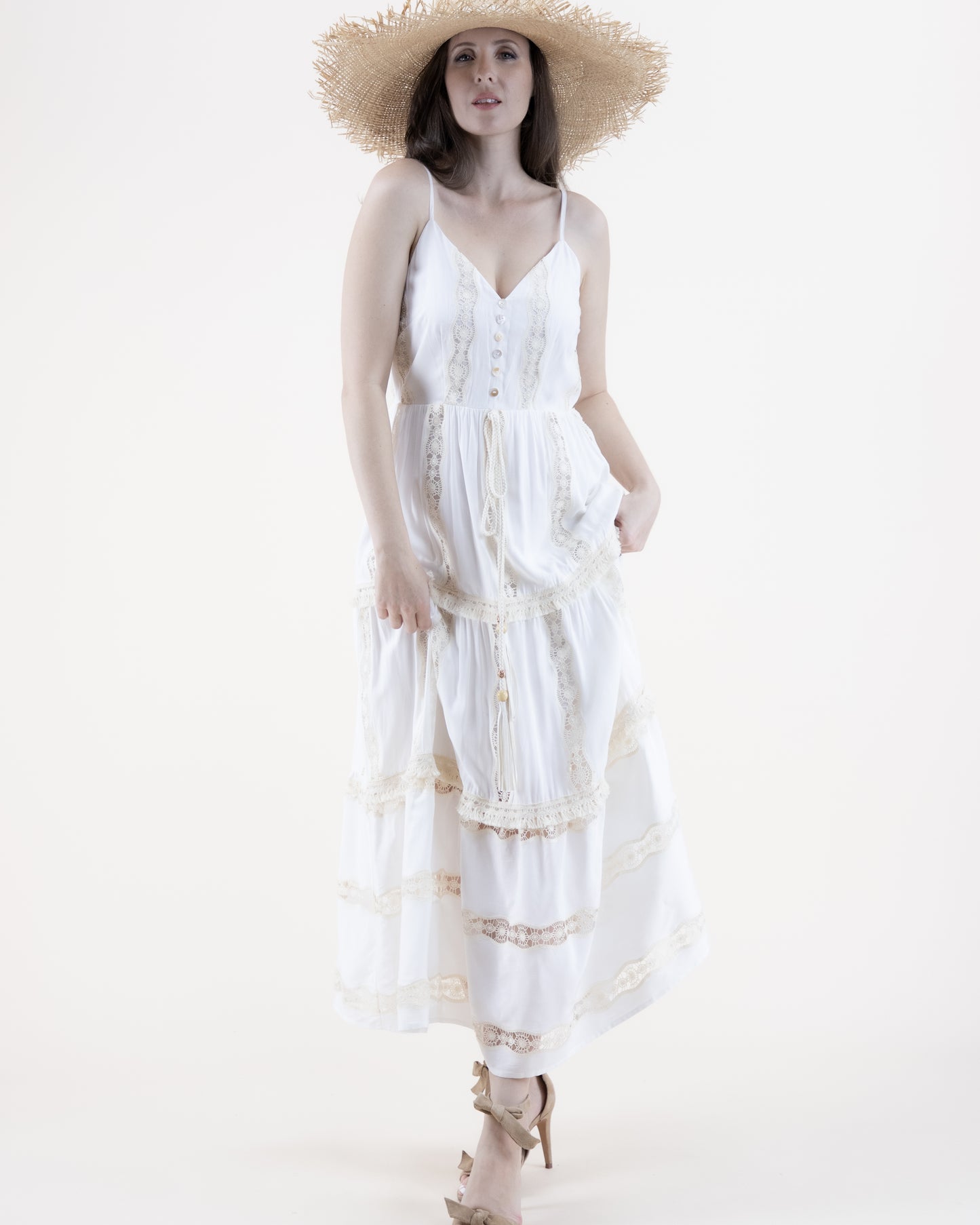 Lace Lines V-Neck Tiered Maxi Dress