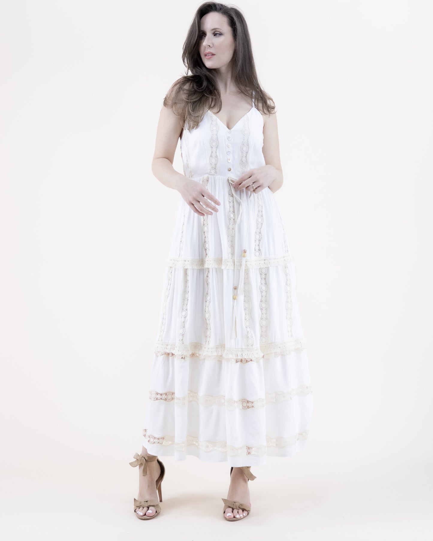 Lace Lines V-Neck Tiered Maxi Dress