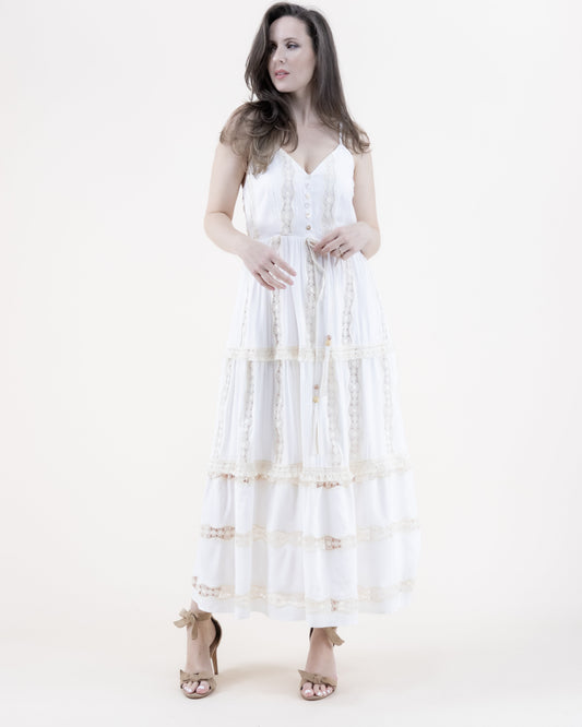 Lace Lines V-Neck Tiered Maxi Dress