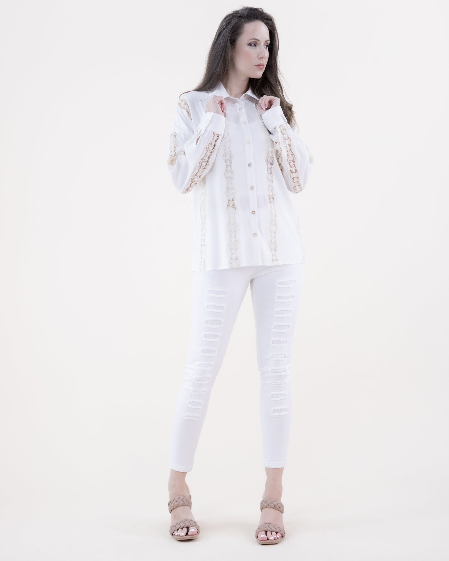 Lace Lines Long Sleeve Collared Shirt