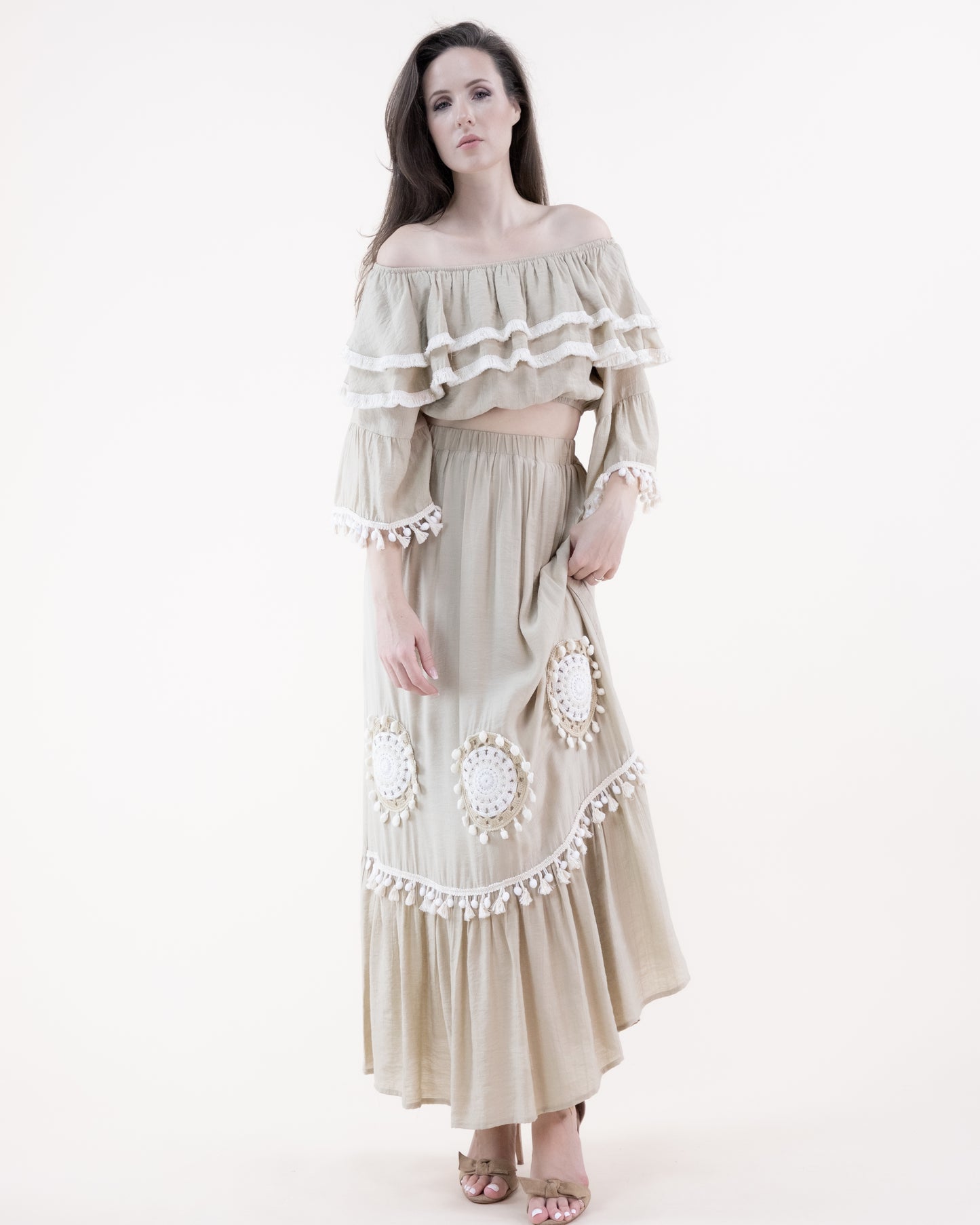 Tassel Trim Ruffle Off Shoulder Crop Top