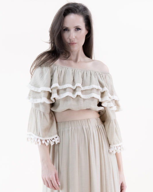 Tassel Trim Ruffle Off Shoulder Crop Top