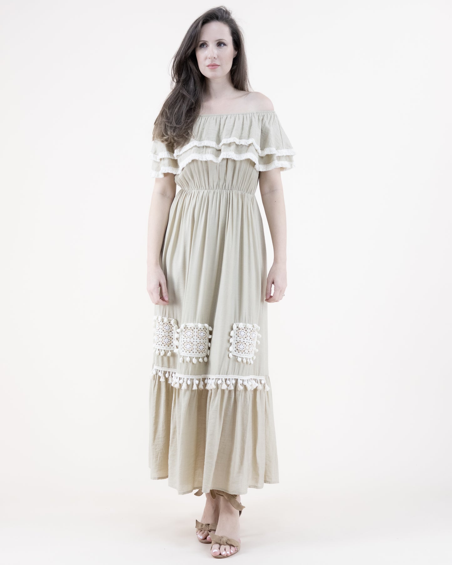 Tassel Trim Ruffle Off Shoulder Maxi Dress