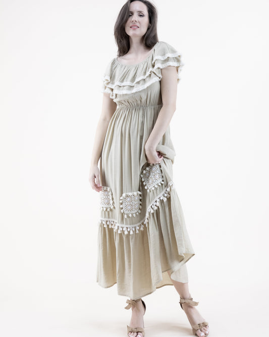Tassel Trim Ruffle Off Shoulder Maxi Dress