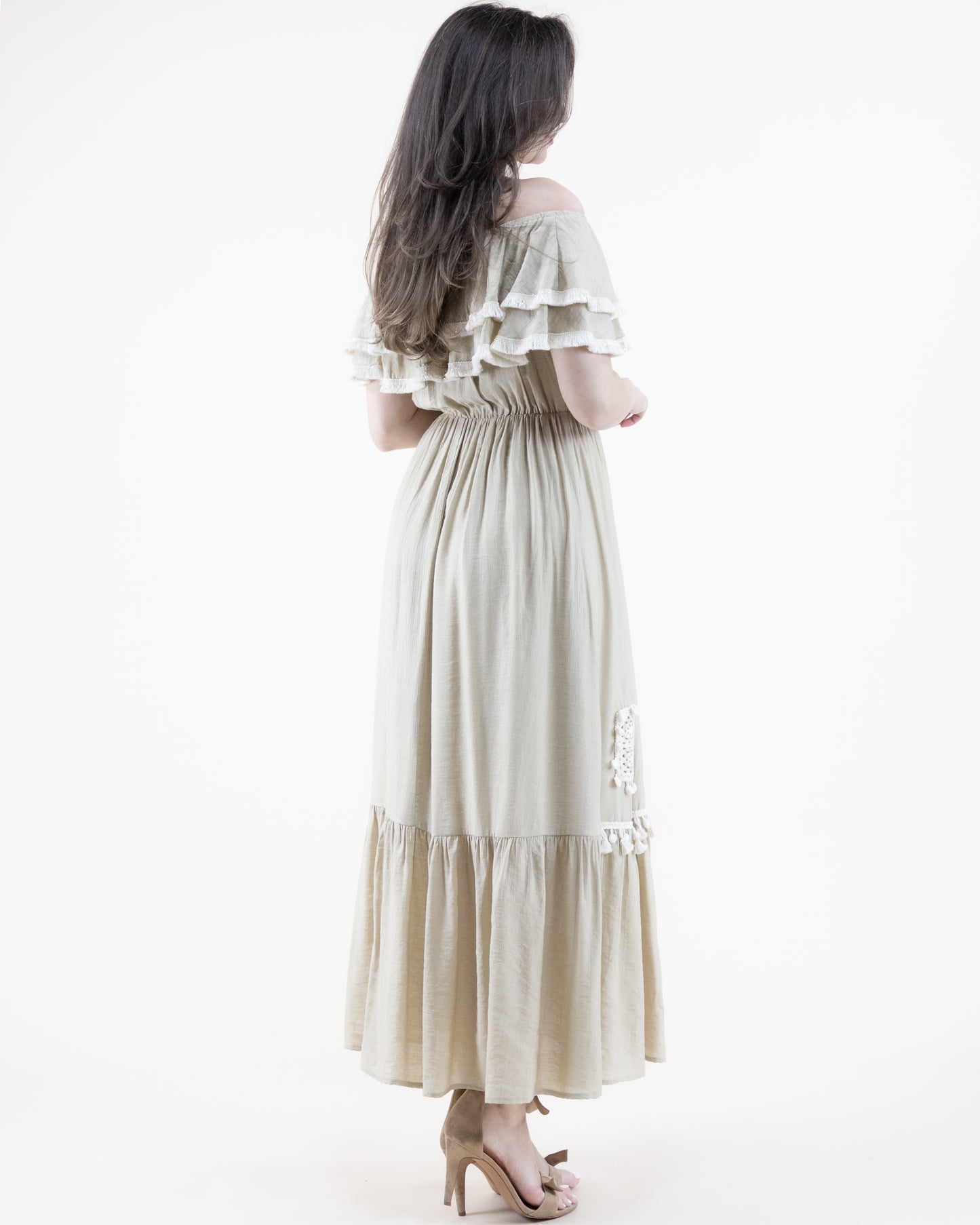 Tassel Trim Ruffle Off Shoulder Maxi Dress