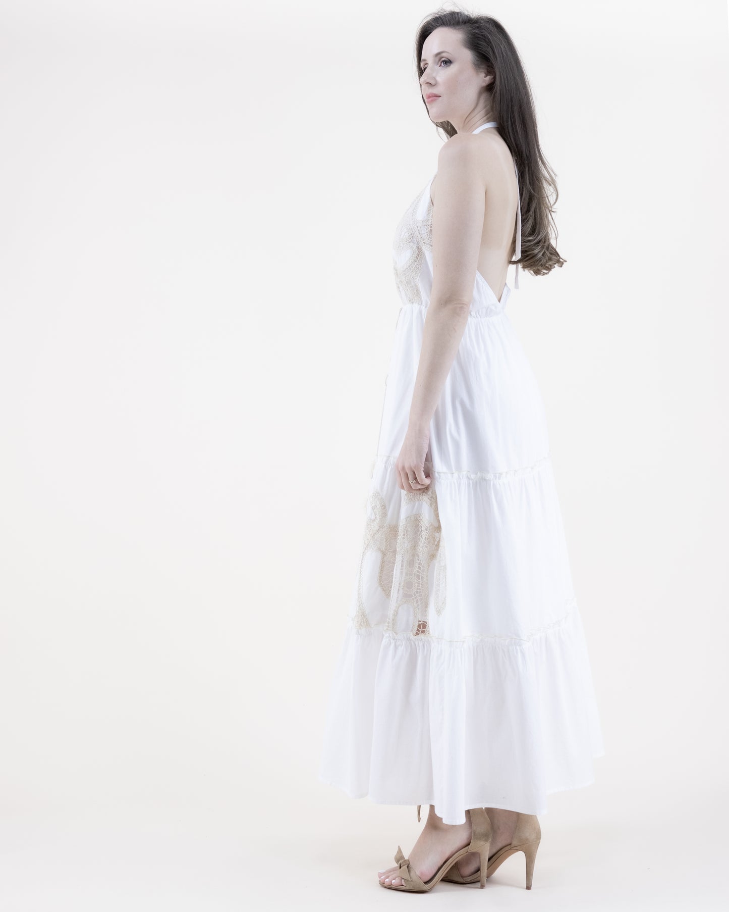 Cotton & Lace Halter Tiered Maxi Dress