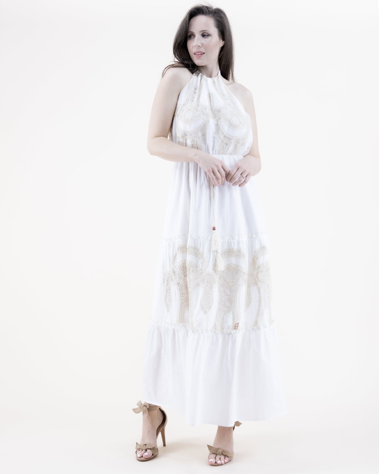 Cotton & Lace Halter Tiered Maxi Dress