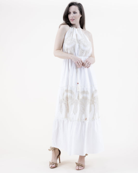 Cotton & Lace Halter Tiered Maxi Dress