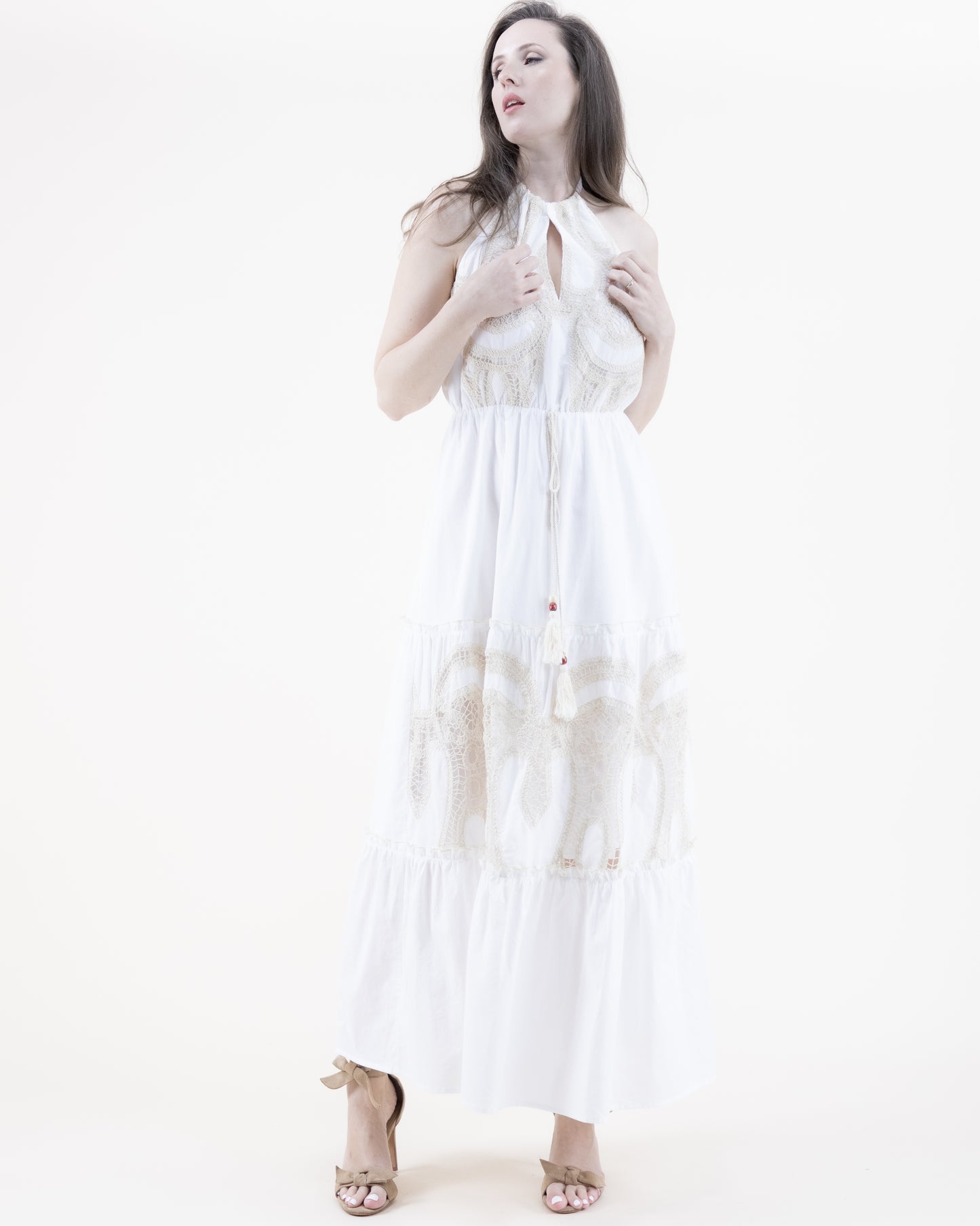 Cotton & Lace Halter Tiered Maxi Dress