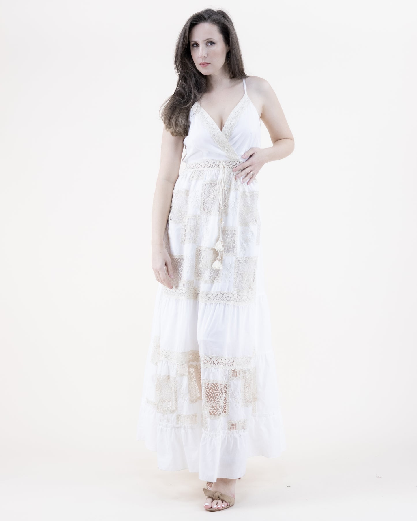 Cotton & Lace Collage Thin Strap Surplice Top Tiered Maxi Dress