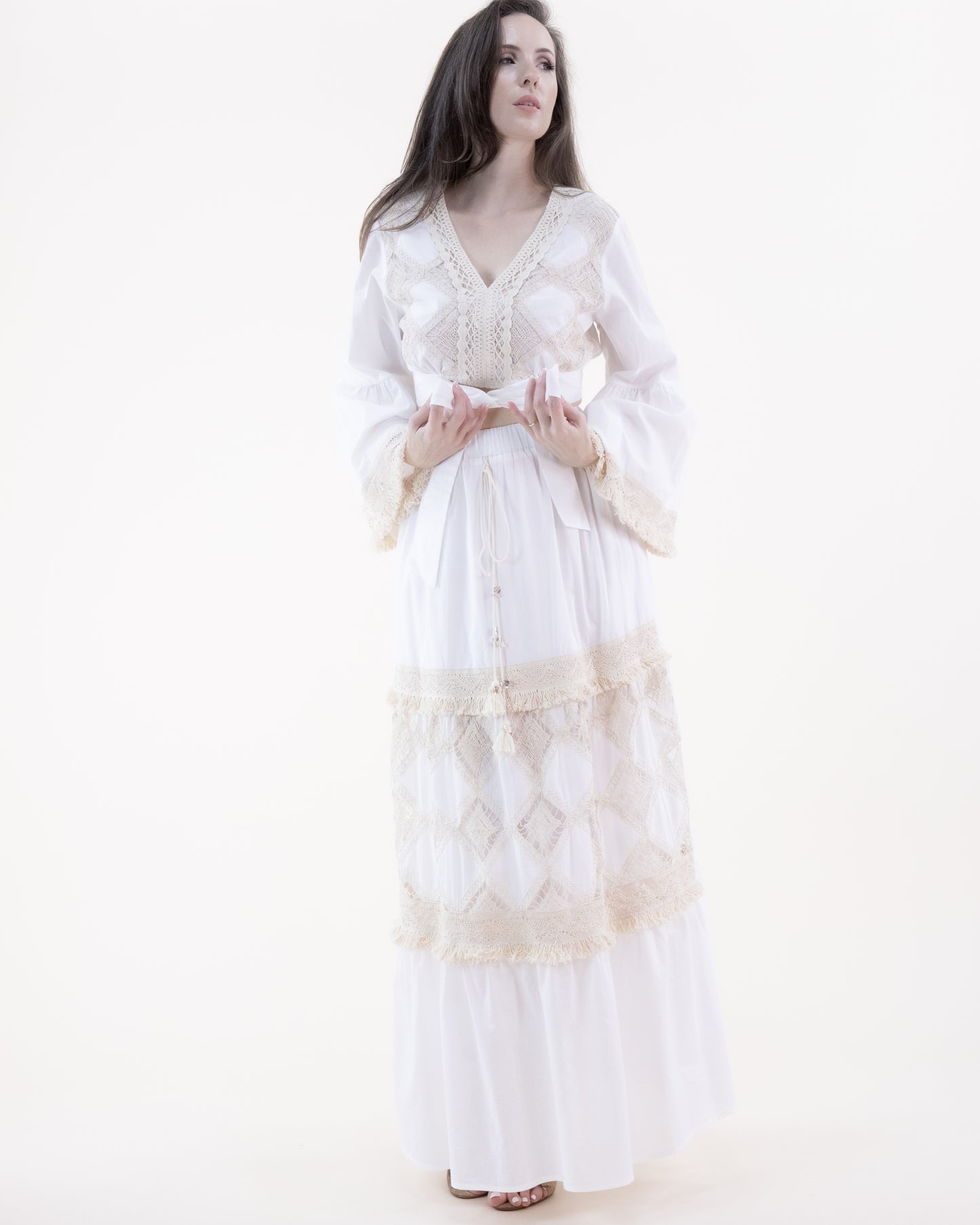 Diamond Cotton & Lace Tiered Maxi Skirt