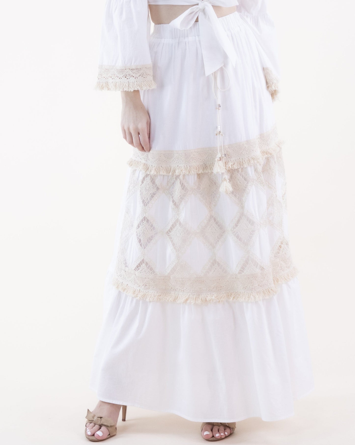 Diamond Cotton & Lace Tiered Maxi Skirt