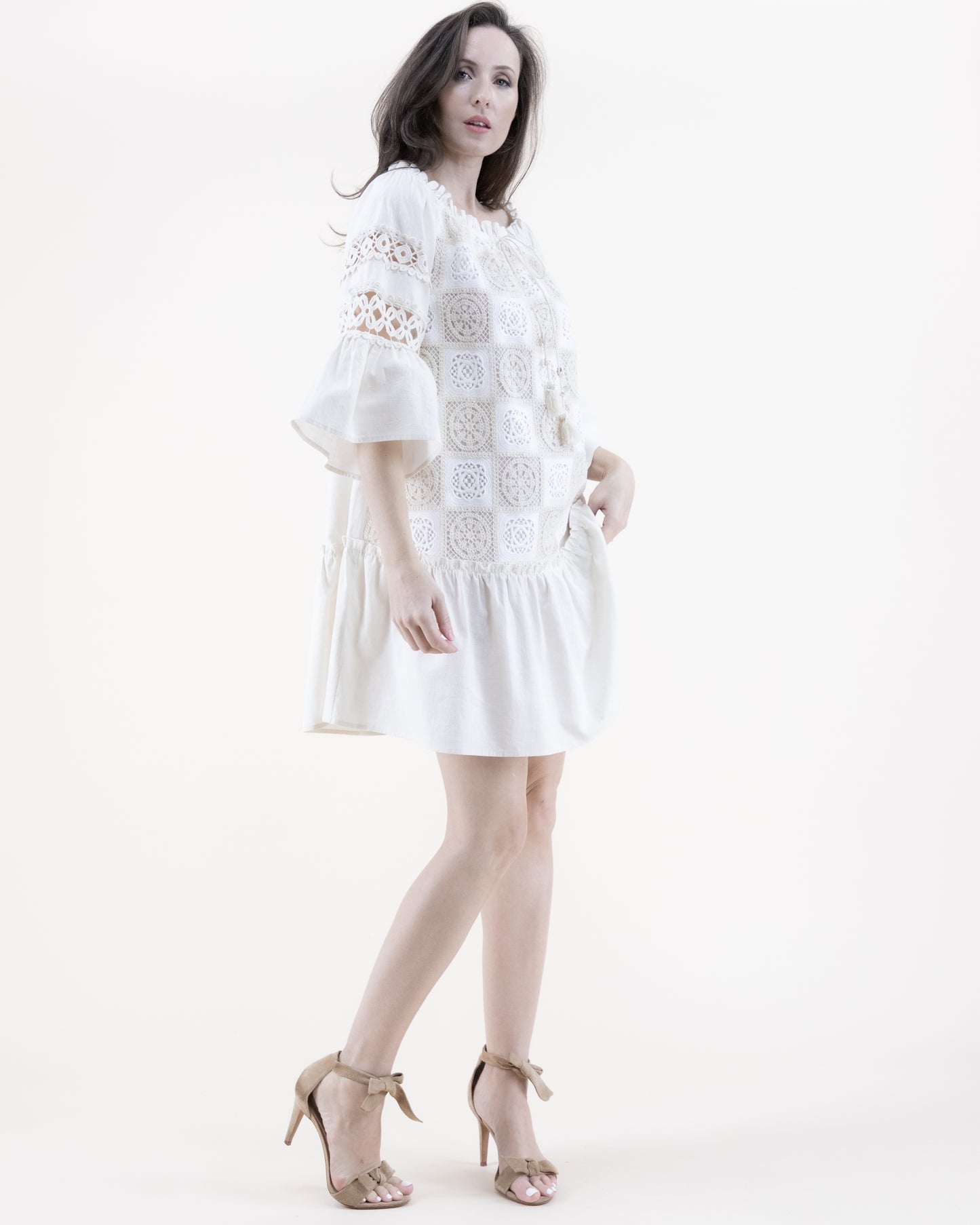 Cotton Lace Tile Trumpet Sleeve Off Shoulder Drop Waist Tent Dress