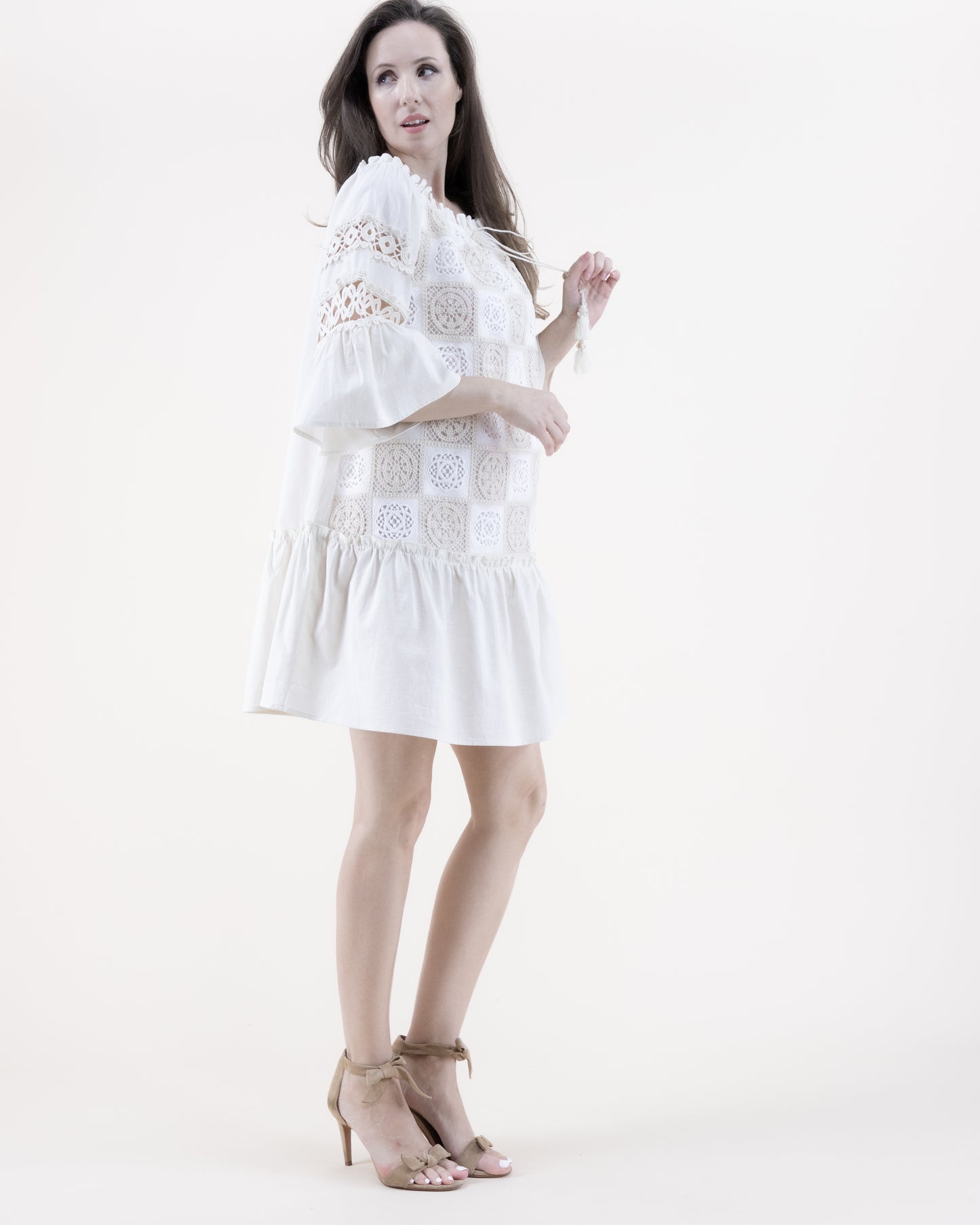 Cotton Lace Tile Trumpet Sleeve Off Shoulder Drop Waist Tent Dress