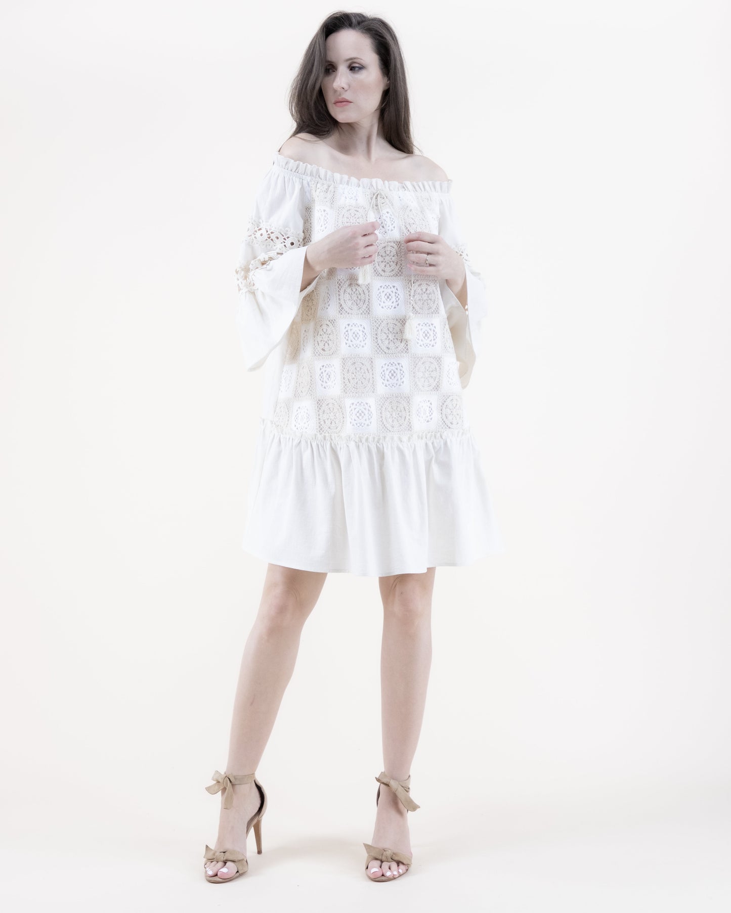 Cotton Lace Tile Trumpet Sleeve Off Shoulder Drop Waist Tent Dress