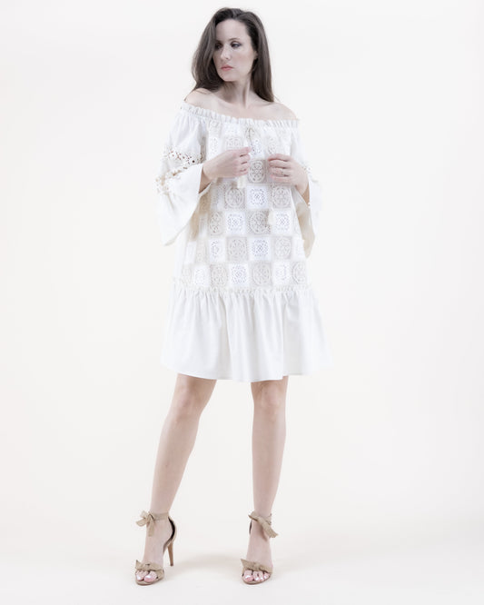 Cotton Lace Tile Trumpet Sleeve Off Shoulder Drop Waist Tent Dress