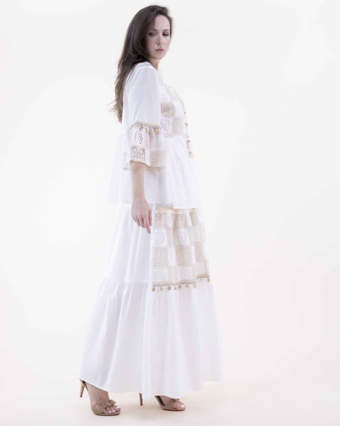 Cotton Lace Tile Trumpet Sleeve Peplum Top