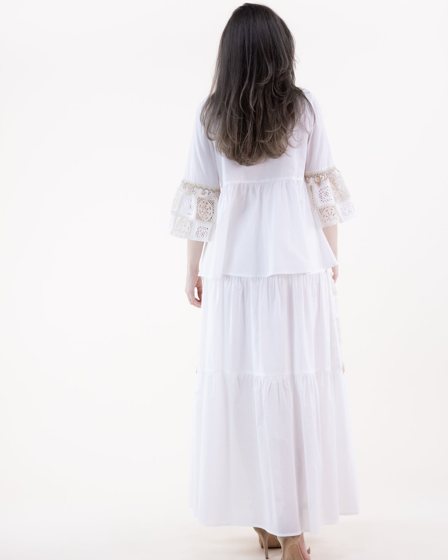 Cotton Lace Tile Tiered Maxi Skirt