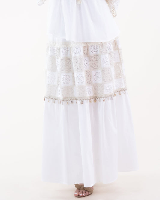Cotton Lace Tile Tiered Maxi Skirt