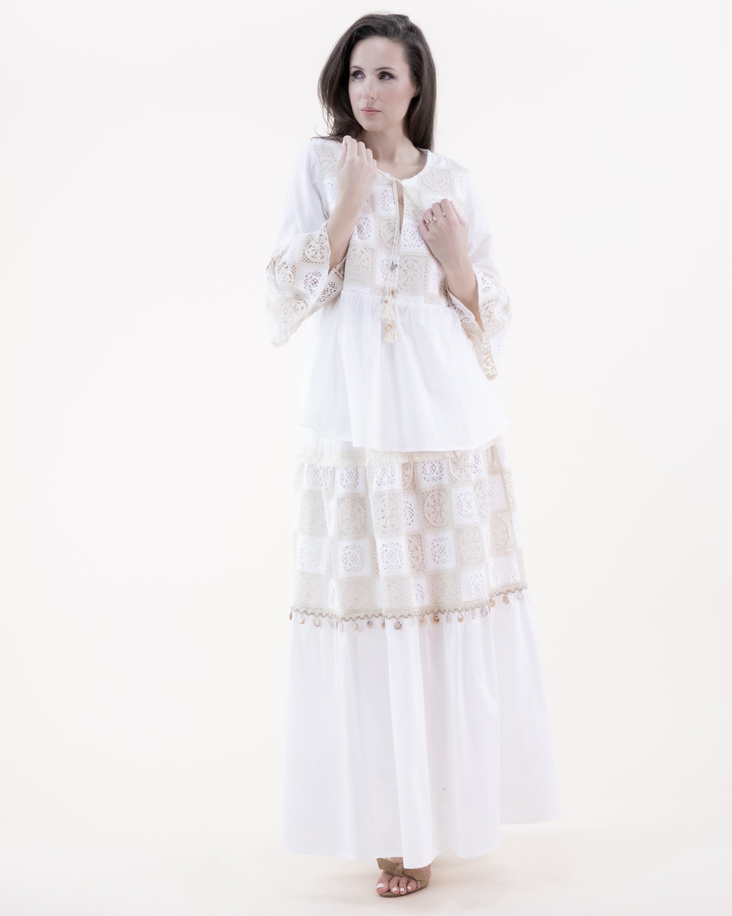 Cotton Lace Tile Tiered Maxi Skirt