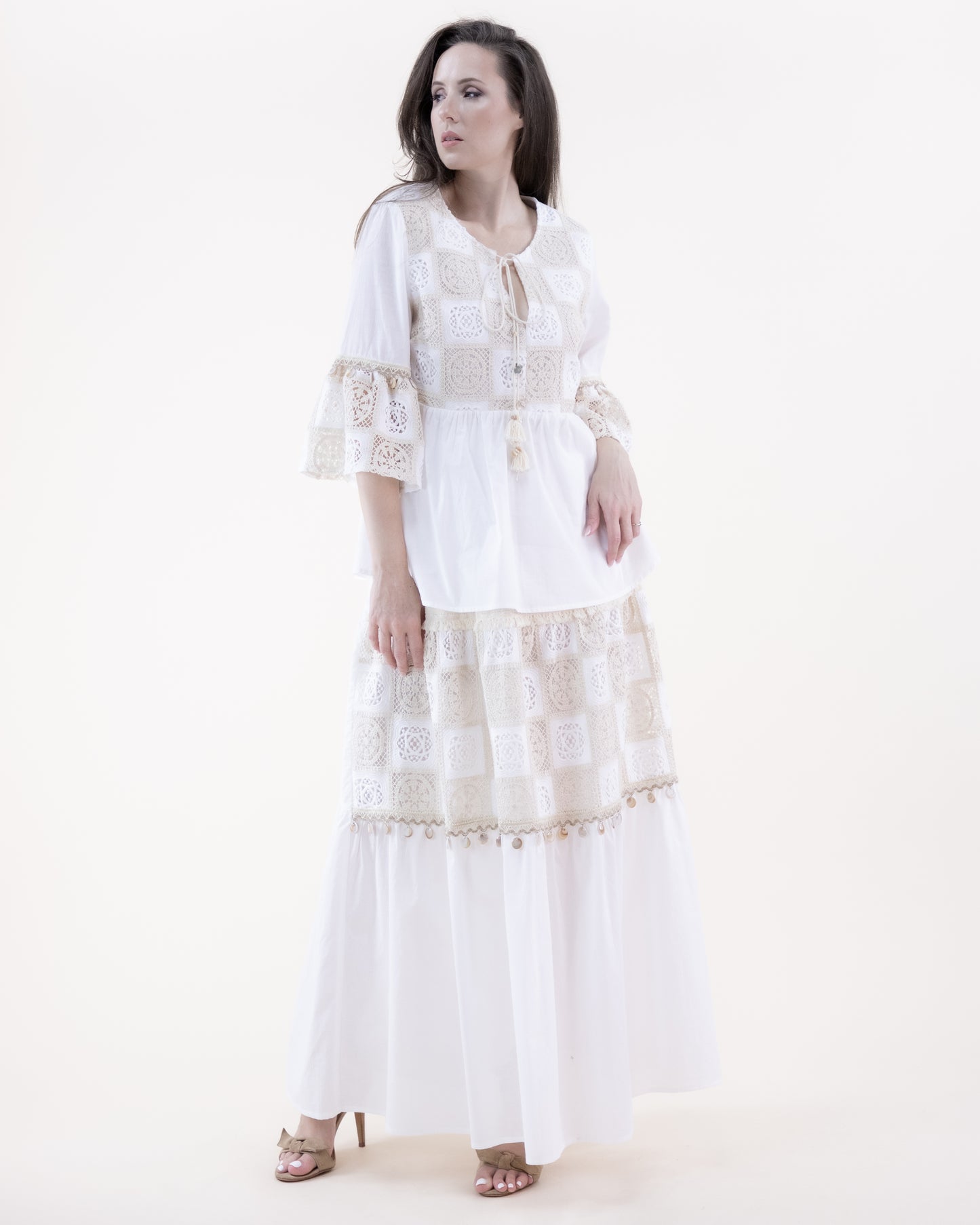 Cotton Lace Tile Trumpet Sleeve Peplum Top