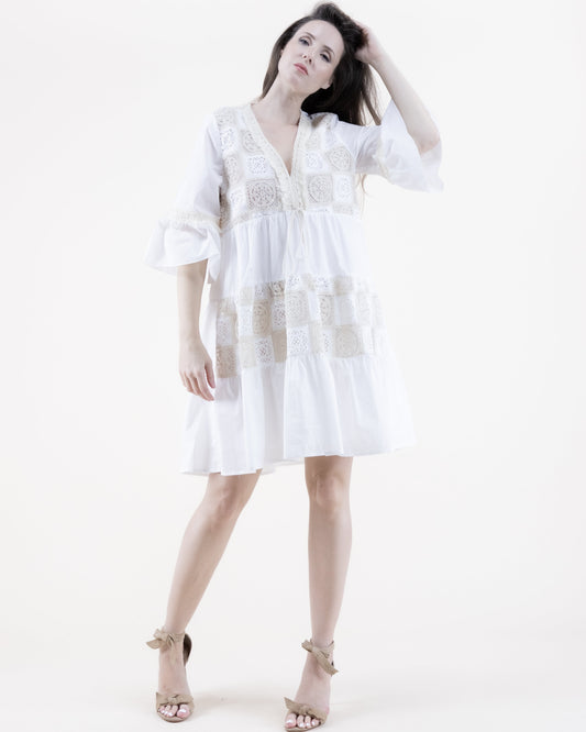 Cotton Lace Tile Trumpet Sleeve Ruffle Tier Tent Dress