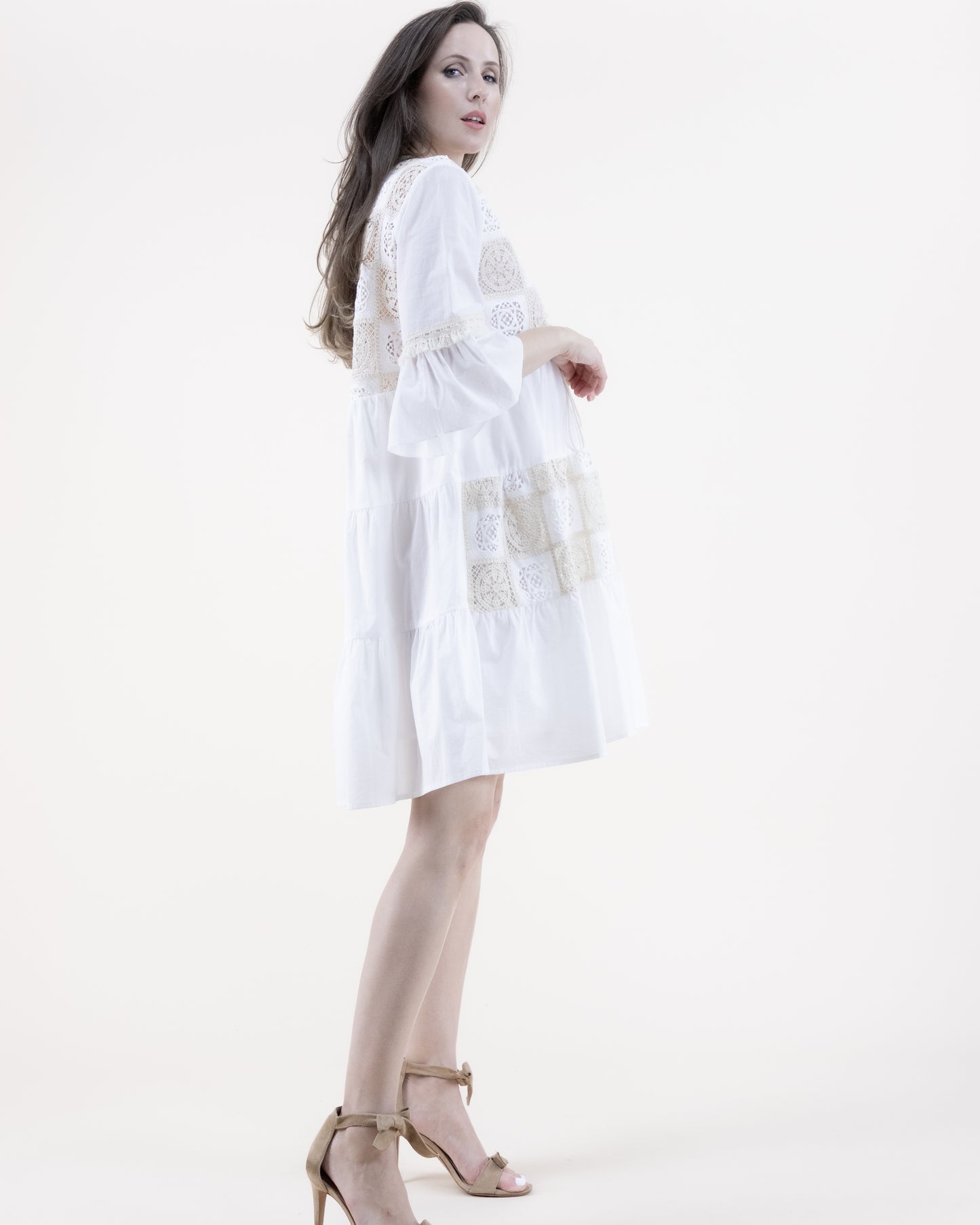 Cotton Lace Tile Trumpet Sleeve Ruffle Tier Tent Dress