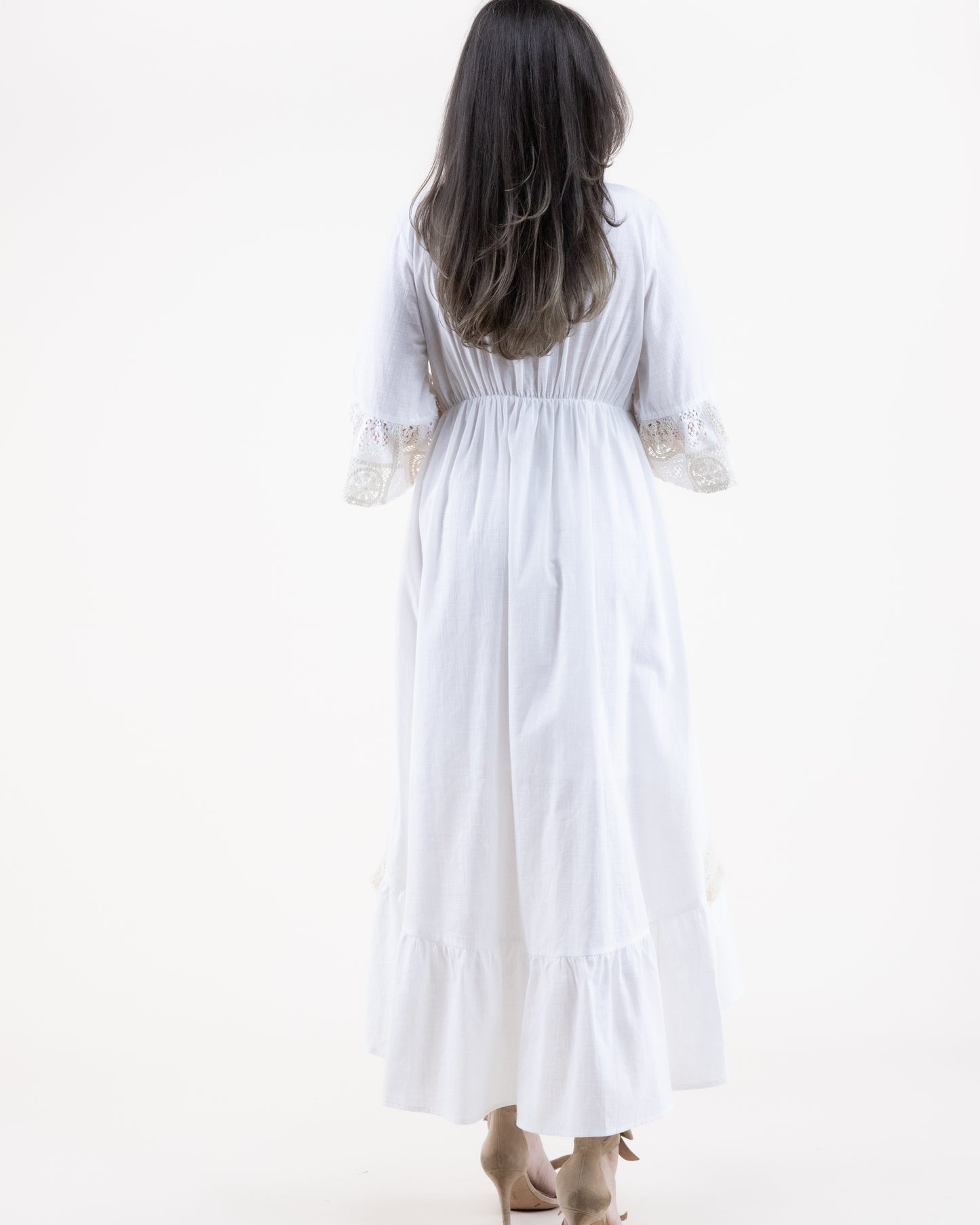 Cotton Lace Tile Front Tie Trumpet Sleeve High Low Maxi Dress