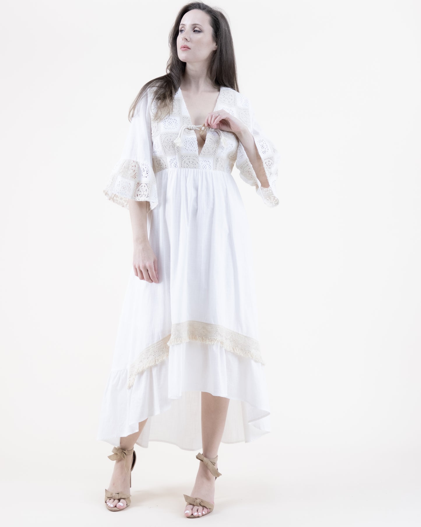 Cotton Lace Tile Front Tie Trumpet Sleeve High Low Maxi Dress