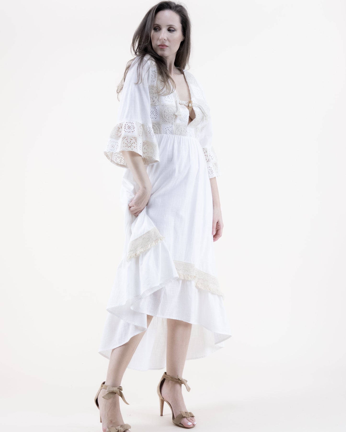 Cotton Lace Tile Front Tie Trumpet Sleeve High Low Maxi Dress